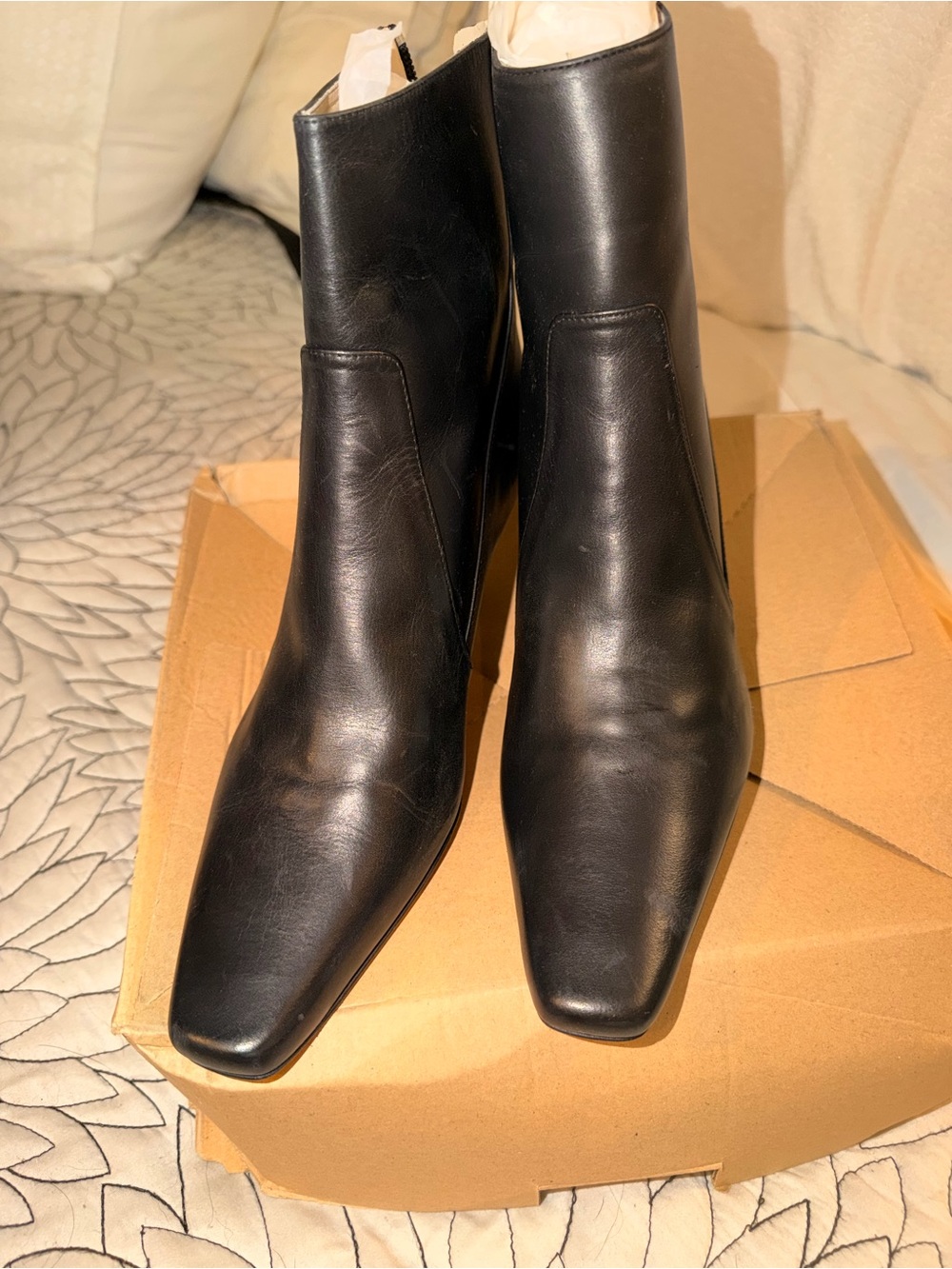 Zara Black Leather Square-Toe Ankle Booties Silver kitten Heel